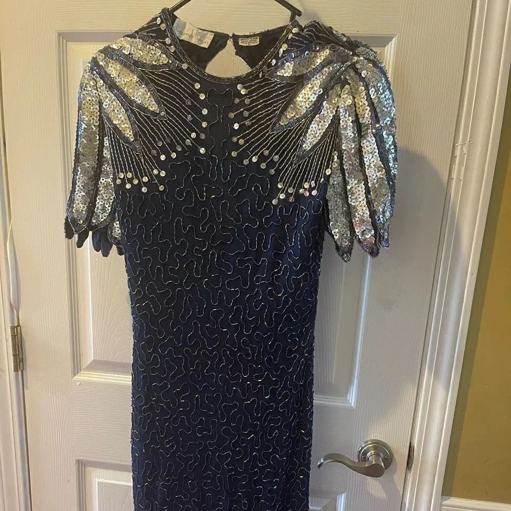 Lawrence Kazar Vintage 100% silk navy blue & silver sequins Dress size M